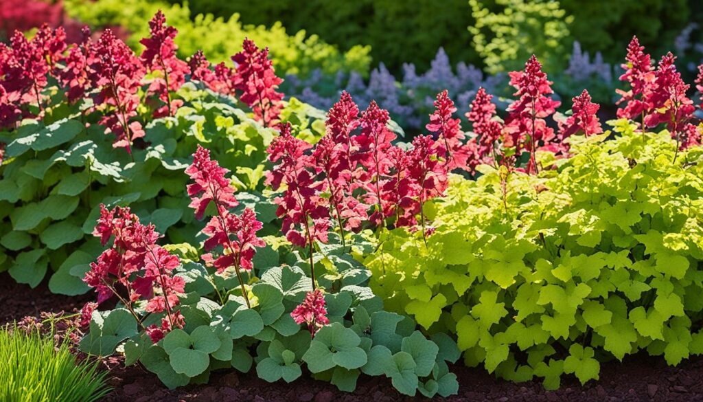 Colorful Coral Bells in a Garden