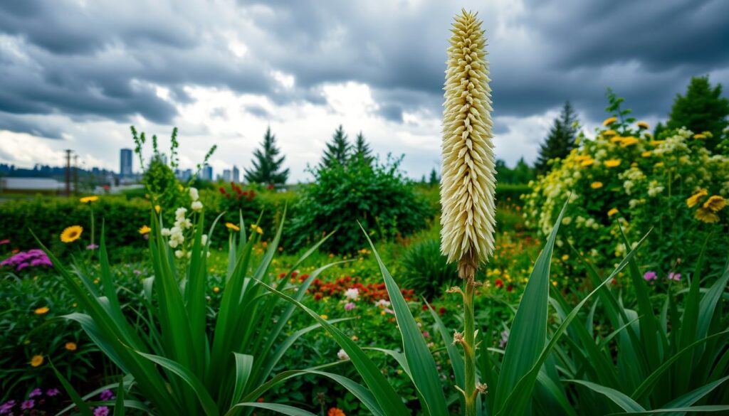 Beautiful close-up of the Yucca Gloriosa Variegata flower, showcasing its vibrant, variegated leaves and stunning creamy white blooms. A captivating addition to any garden, highlighting its unique texture and color contrast.