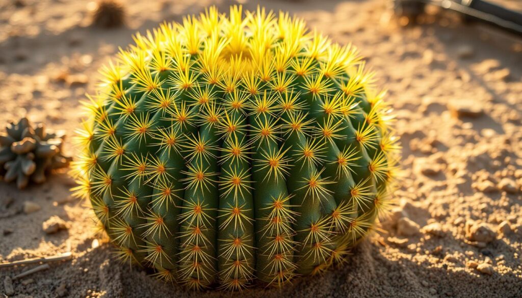 Close-up of the vibrant Echinocactus grusonii flower, showcasing its stunning yellow blooms and spiky green cactus. This iconic cactus, also known as the golden barrel cactus, thrives in sunny landscapes.