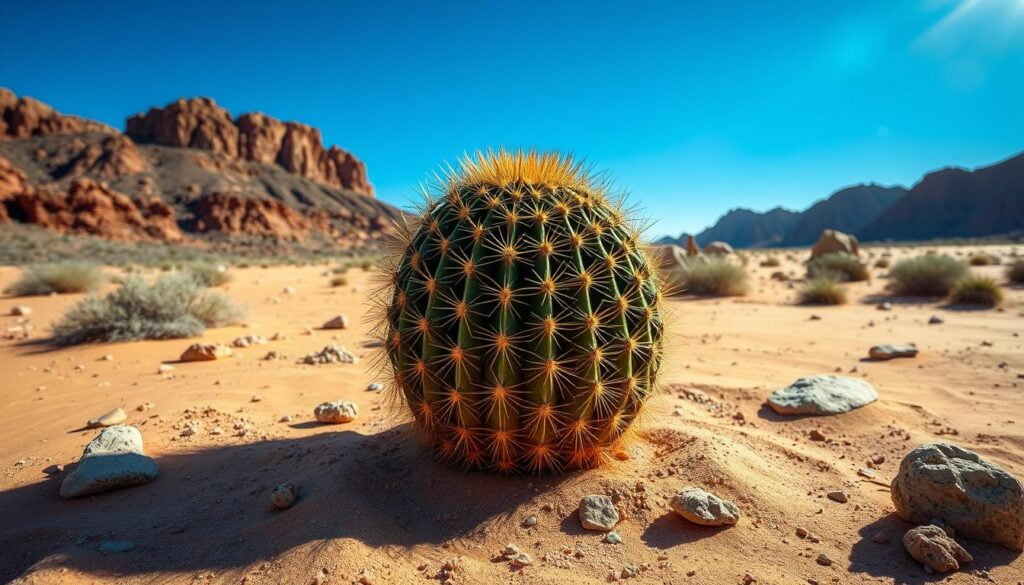 Echinocactus grusonii in desert landscape