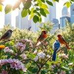 A vibrant garden scene featuring various colorful birds perched among blooming flowers and lush greenery. Birds such as finches, sparrows, and robins are seen feeding and interacting in a sunny outdoor environment.