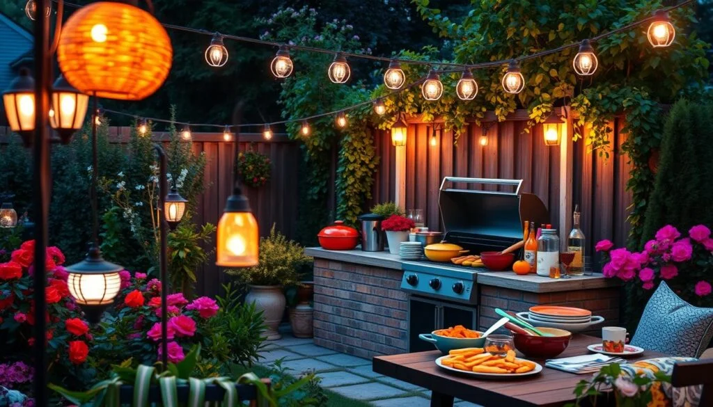 Garden scene featuring a cozy garden BBQ setup with grilling meats and vegetables. Friends gather around, enjoying delicious food and a warm, inviting atmosphere
