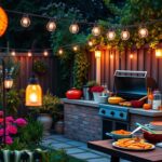 Garden scene featuring a cozy garden BBQ setup with grilling meats and vegetables. Friends gather around, enjoying delicious food and a warm, inviting atmosphere