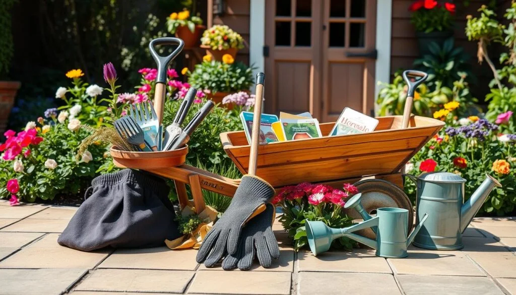 A variety of vibrant garden gifts for Dad, including tools, plants, and decorative items, beautifully arranged in a gift basket.