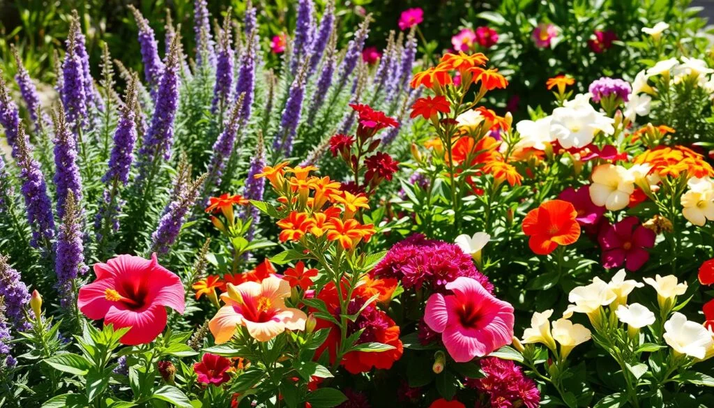 A vibrant garden filled with various plants suitable for the Houston climate, featuring colorful blooms and lush greenery. The image showcases a mix of native species and tropical plants thriving in a sunny, warm environment.