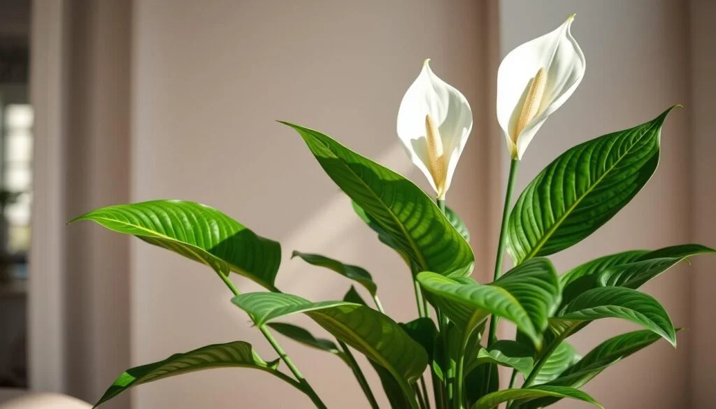 Beautiful peace lily plant with vibrant green leaves and striking white blooms, thriving in a decorative pot. Ideal for adding a touch of elegance and tranquility to any indoor space.