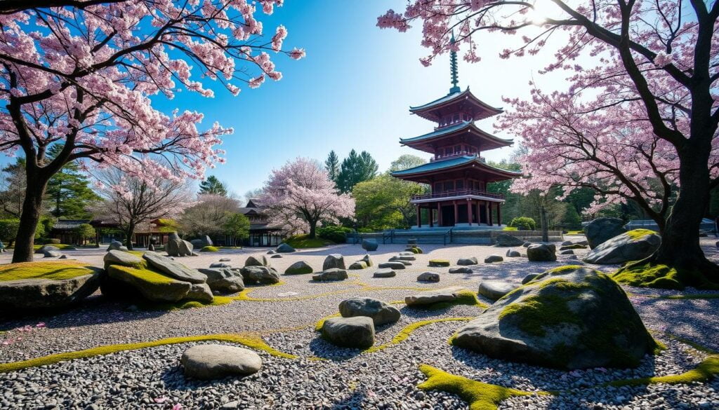 Japanese rock garden with pagoda