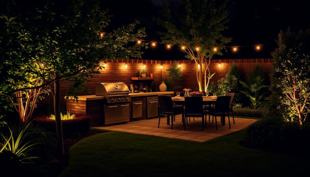 LED garden lights illuminating BBQ area