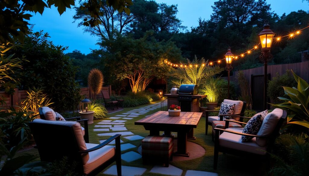 Outdoor seating arrangements with pathway lighting