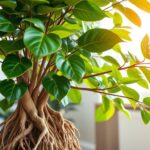 Vibrant assortment of Feng Shui plants arranged in a serene living space, showcasing lush greenery and decorative pots, symbolizing harmony and positive energy.