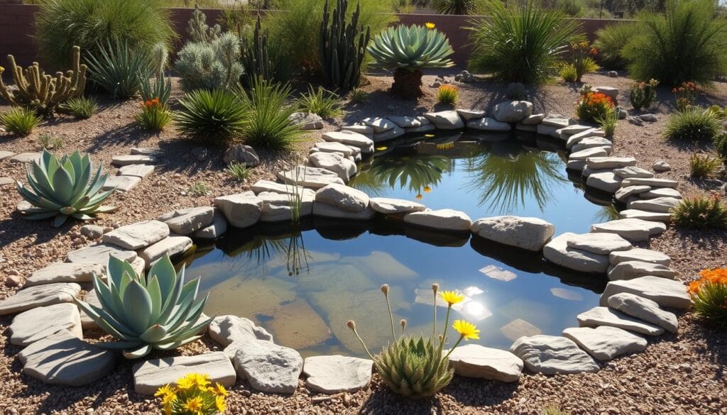 Desert pond construction with drought-tolerant plants