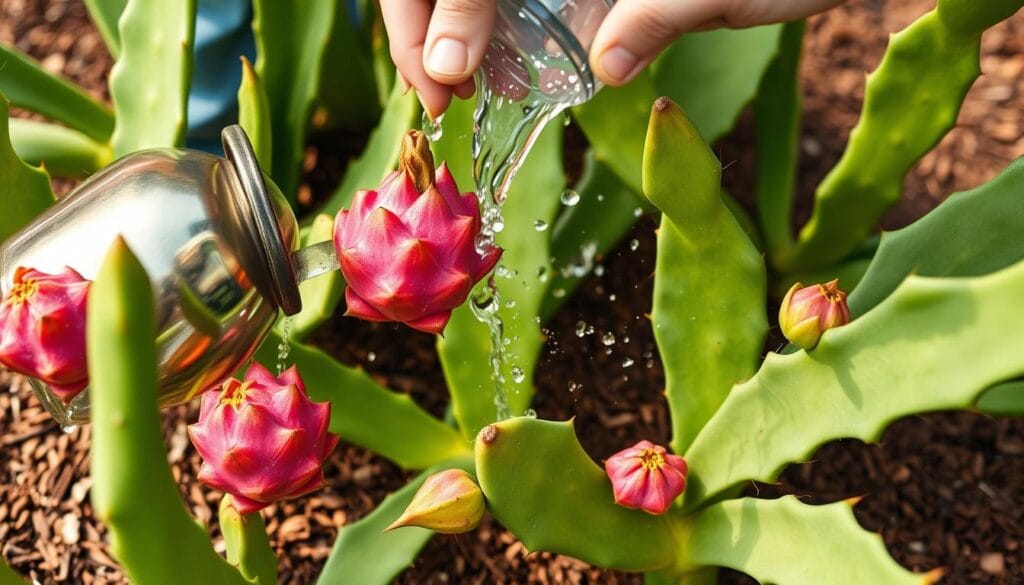 Watering dragon fruit cactus